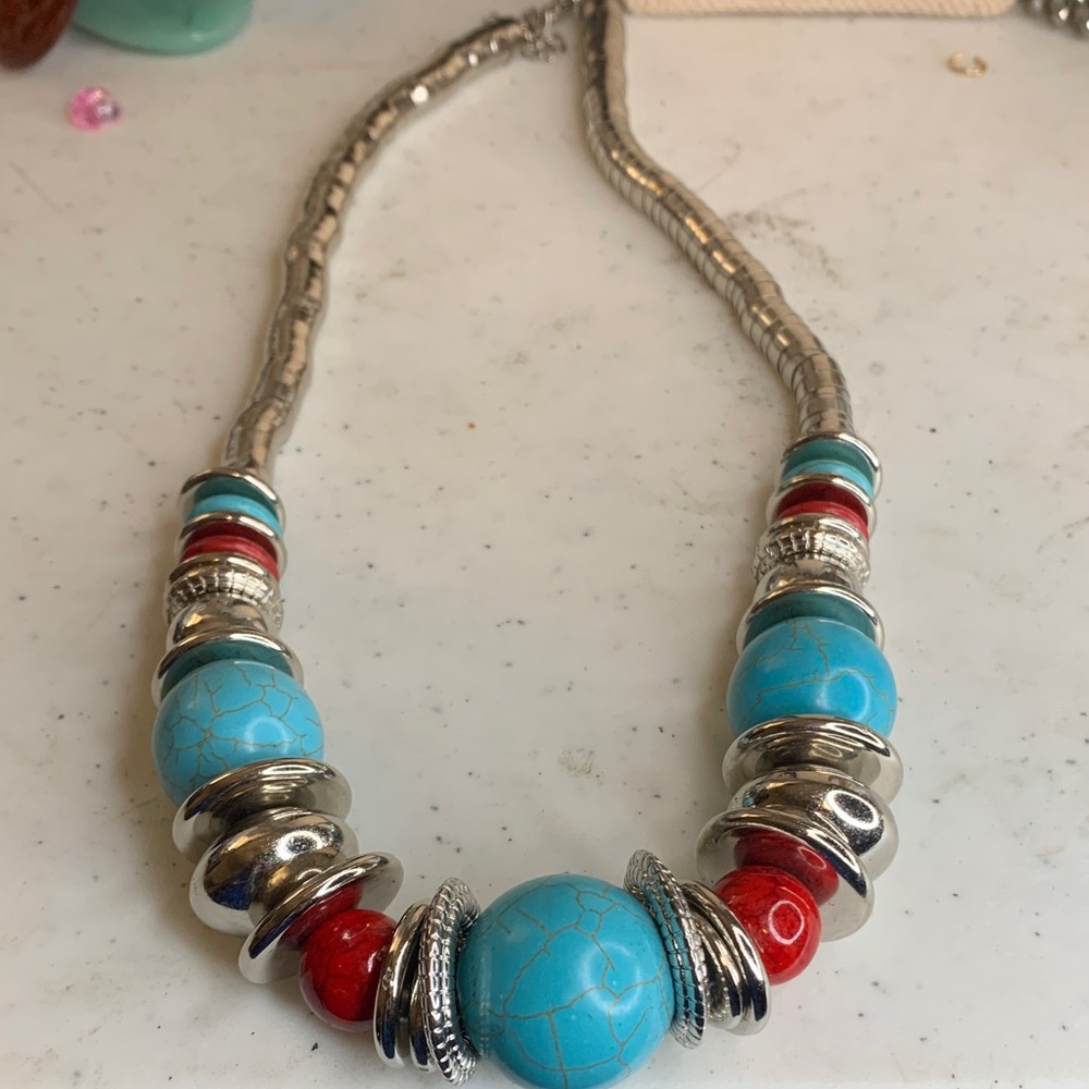 Silver and Turquoise Beaded Necklace